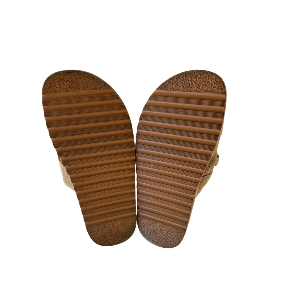 Steve Madden Bigschmona Taupe Suede Platform Slide Sandals Gold Hardware 8.5 - Picture 5 of 8